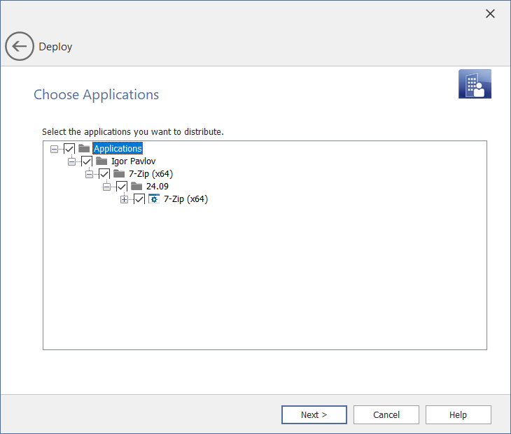 Deploy Wizard / Choose Applications Panel