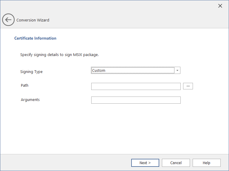 Conversion Wizard / Certificate Information Panel