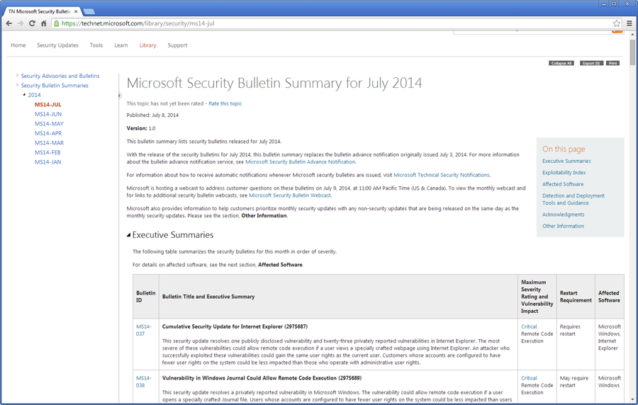 Microsoft Security Bulletin Summary for July 2014