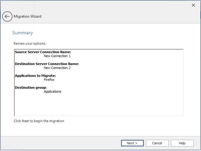 Migration Wizard / Summary Panel