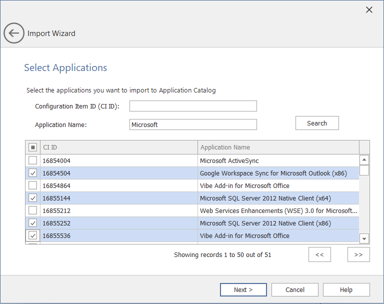 Import Wizard / Select Applications Panel