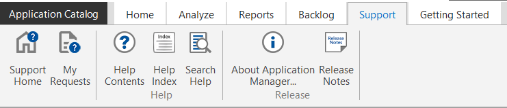 Support Tab of Application Manager Ribbon