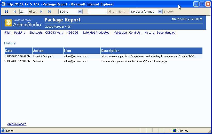 Package Report / History View